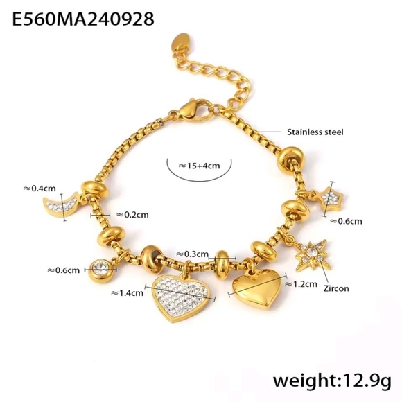 Star Heart 18K Gold Stainless Steel Waterproof Charm Slider Bracelet - Picture 3 of 9